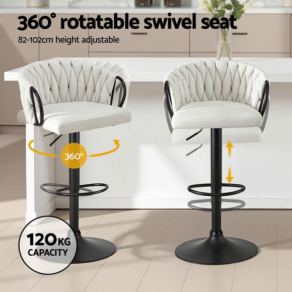 Artiss Bar Stool x2 Kitchen Dining Chair Counter Gaslift Woven Velvet Ivory - RnR Galore