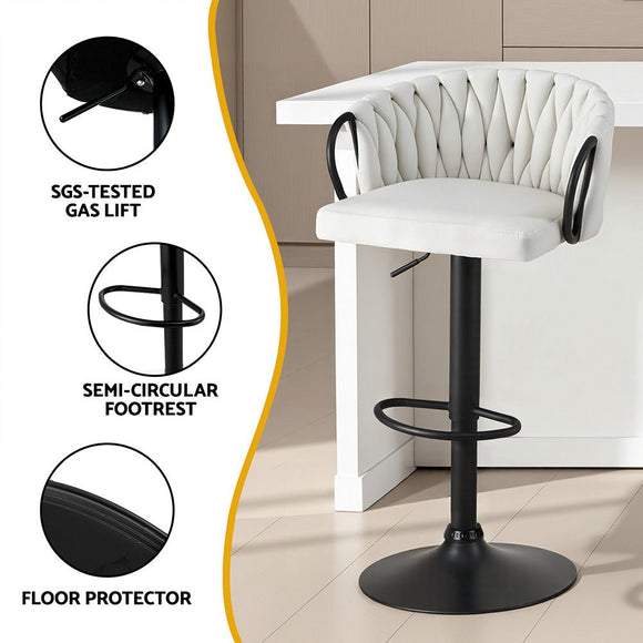 Artiss Bar Stool x2 Kitchen Dining Chair Counter Gaslift Woven Velvet Ivory - RnR Galore