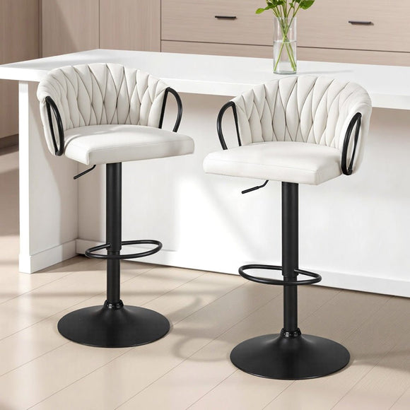 Artiss Bar Stool x2 Kitchen Dining Chair Counter Gaslift Woven Velvet Ivory - RnR Galore
