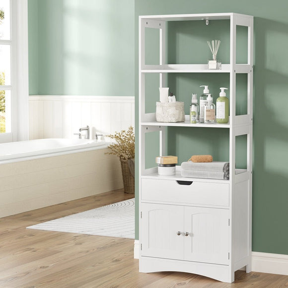 Artiss Bathroom Floor Storage Cabinet with 2 Drawers 3 Open Shelves 2 Doors White - RnR Galore
