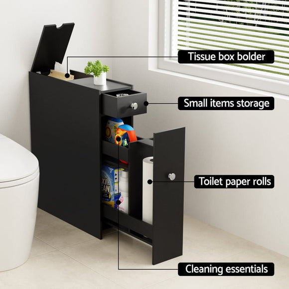 Artiss Bathroom Storage Cabinet Toilet Slim Tissue Box Caddy Holder Side Wooden Black - RnR Galore