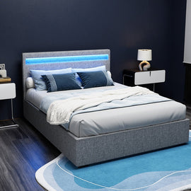 Artiss Bed Frame Double Size LED Gas Lift Grey COLE - RnR Galore