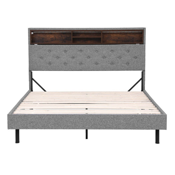 Artiss Bed Frame Double Size LED Mattress Base Platform with Storage Shelf Hidden Storage Box Grey - RnR Galore