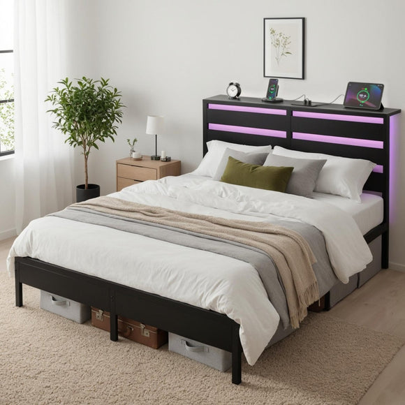 Artiss Bed Frame Double Size LED Metal Bed Base with Charging Station - RnR Galore