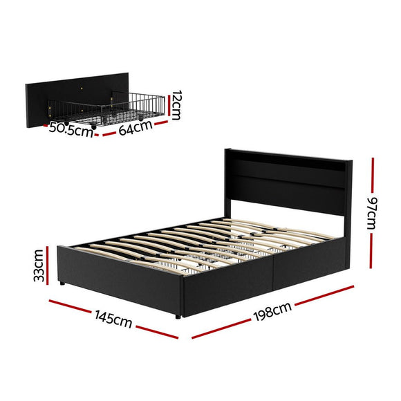 Artiss Bed Frame Double Size LED with 4 Drawers Black DUNN - RnR Galore