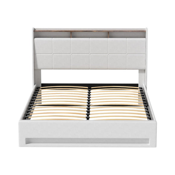 Artiss Bed Frame Gas Lift LED Beds Base Platform White PVC Leather Storage Headboard - Double - RnR Galore