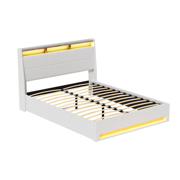 Artiss Bed Frame Gas Lift LED Beds Base Platform White PVC Leather Storage Headboard - Double - RnR Galore