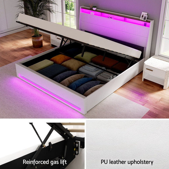 Artiss Bed Frame Gas Lift LED Beds Base Platform White PVC Leather Storage Headboard - King - RnR Galore