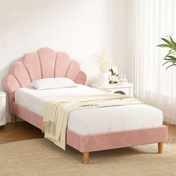 Artiss Bed Frame King Single Size Scallop - Shape Bedhead Beds Base Pink Velvet Fabric - RnR Galore