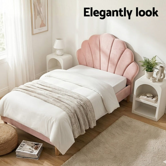 Artiss Bed Frame King Single with Bedside Table Set Scallop Headboard Pink Velvet Fabric Beds Base - RnR Galore