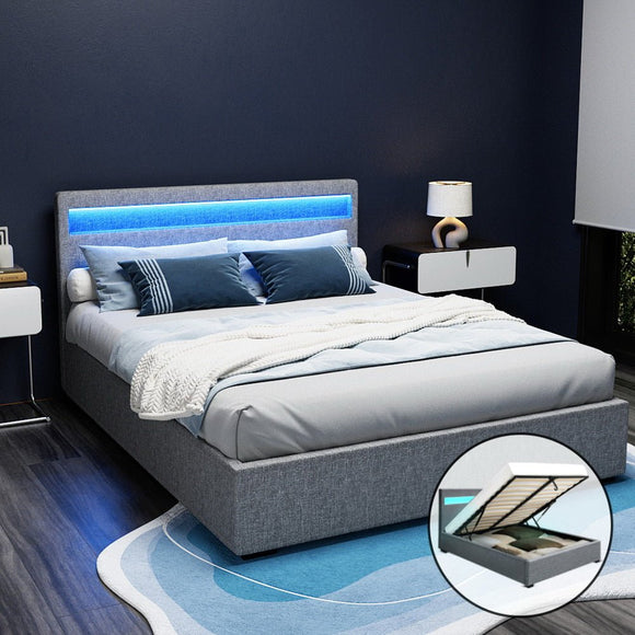 Artiss Bed Frame Queen Size LED Gas Lift Grey COLE - RnR Galore