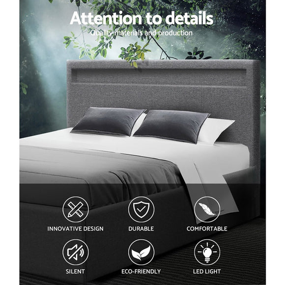 Artiss Bed Frame Queen Size LED Gas Lift Grey COLE - RnR Galore
