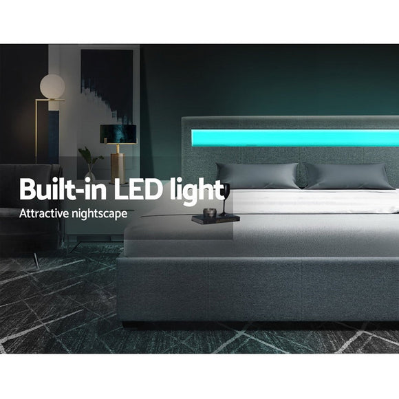 Artiss Bed Frame Queen Size LED Gas Lift Grey COLE - RnR Galore