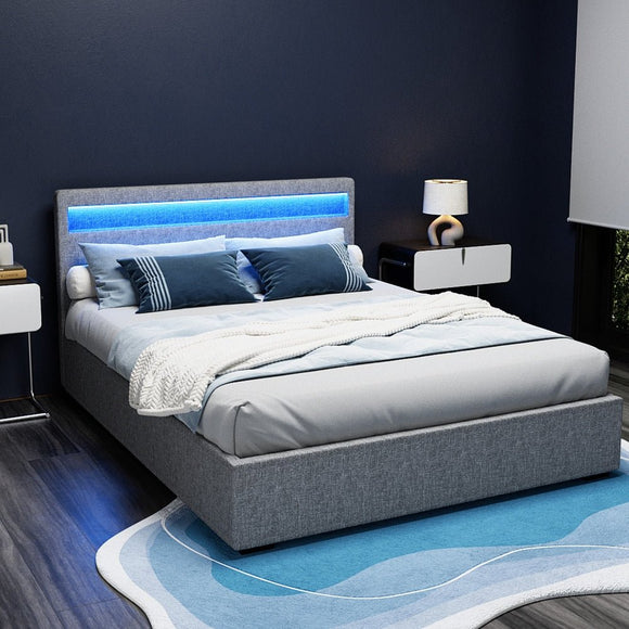 Artiss Bed Frame Queen Size LED Gas Lift Grey COLE - RnR Galore