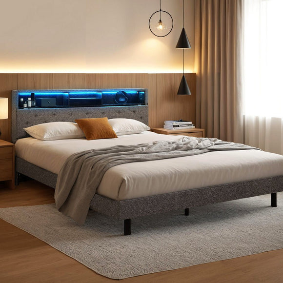 Artiss Bed Frame Queen Size LED Mattress Base Platform with Storage Shelf Hidden Storage Box Grey - RnR Galore
