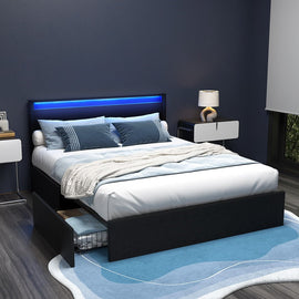 Artiss Bed Frame Queen Size LED with 4 Drawers Black DUNN - RnR Galore