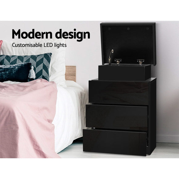 Artiss Bedside Table LED 3 Drawers - COLEY Black - RnR Galore