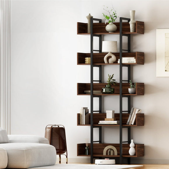 Artiss Bookshelf 5 - Tier Bookcase Display Shelves Metal Storage Stand Rack Walnut - RnR Galore