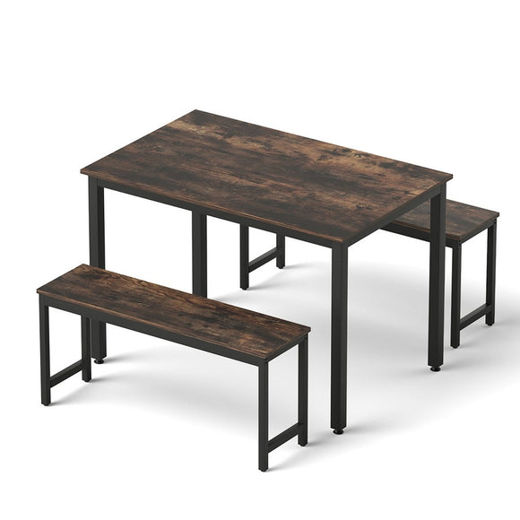 Artiss Dining Table and Chairs Set 3PCS Kitchen Metal Desk Bench Dark Walnut - RnR Galore