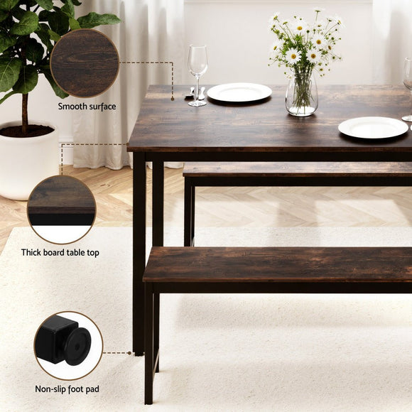 Artiss Dining Table and Chairs Set 3PCS Kitchen Metal Desk Bench Dark Walnut - RnR Galore