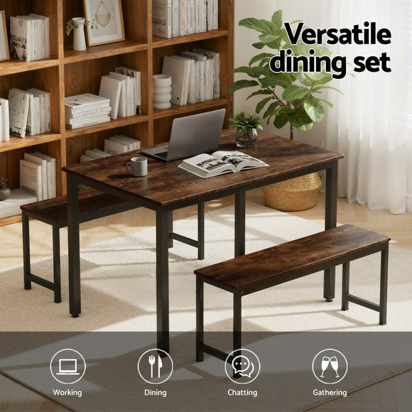 Artiss Dining Table and Chairs Set 3PCS Kitchen Metal Desk Bench Dark Walnut - RnR Galore