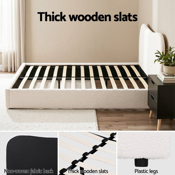 Artiss Double Bed Frame and Bedside Table Set Boucle Beige with Headboard Black Nightstand - RnR Galore