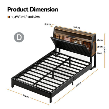 Artiss Double Bed Frame LED Storage Headboard with Charging Station Black - RnR Galore