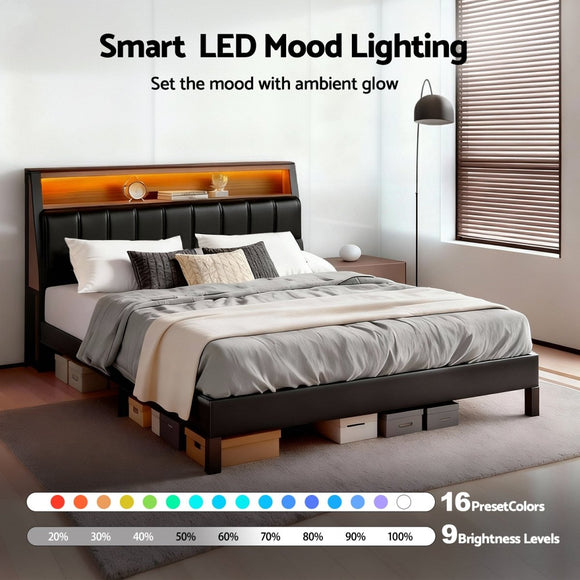 Artiss Double Bed Frame LED Storage Headboard with Charging Station Black - RnR Galore