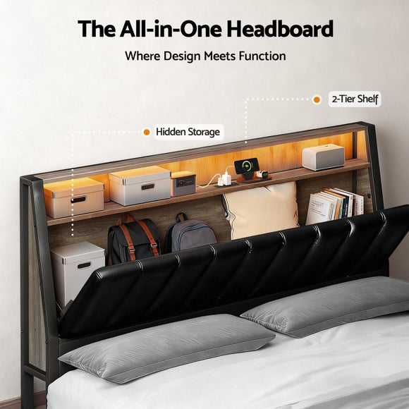 Artiss Double Bed Frame LED Storage Headboard with Charging Station Black - RnR Galore