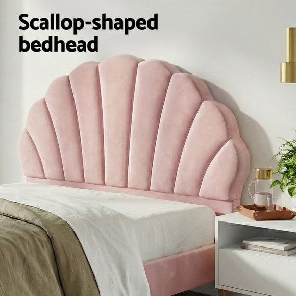 Artiss Double Bed Frame Scallop Headboard Pink Velvet with 2 Drawer Bedside Table - RnR Galore