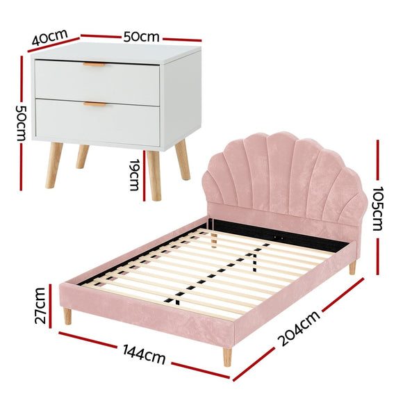 Artiss Double Bed Frame Scallop Headboard Pink Velvet with 2 Drawer Bedside Table - RnR Galore