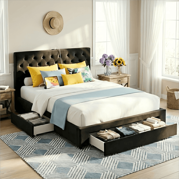 Artiss Double Bed Frame Storage Charging Station Upholstered 3 Drawers USB Type - C - RnR Galore