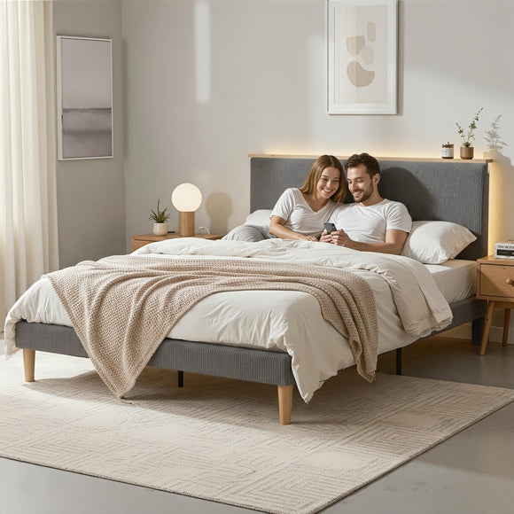 Artiss Double Bed Frame Upholstered Adjustable Headboard Mood Lighting Heavy Duty Grey Velvet - RnR Galore