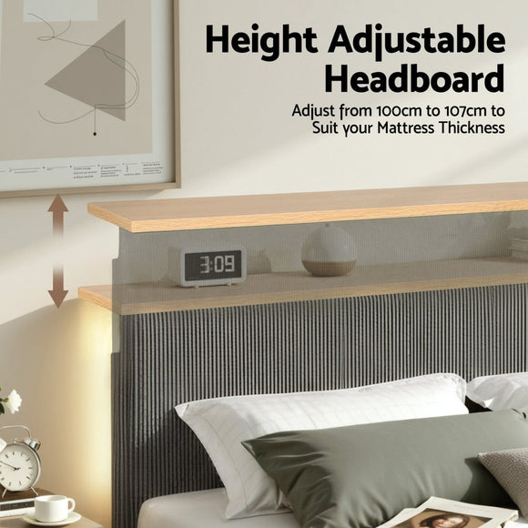 Artiss Double Bed Frame Upholstered Adjustable Headboard Mood Lighting Heavy Duty Grey Velvet - RnR Galore