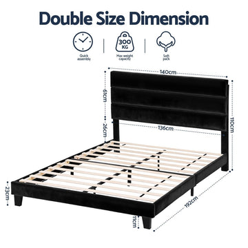 Artiss Double Bed Frame Upholstered Platform Base with Geometric Headboard Black Velvet - RnR Galore