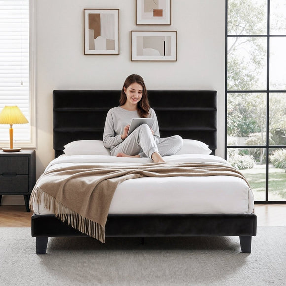 Artiss Double Bed Frame Upholstered Platform Base with Geometric Headboard Black Velvet - RnR Galore