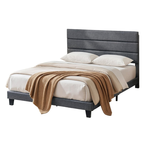 Artiss Double Bed Frame Upholstered Platform Base with Geometric Headboard Charcoal Grey Linen Wood Slats for Modern Bedroom Furniture Home Decor - RnR Galore