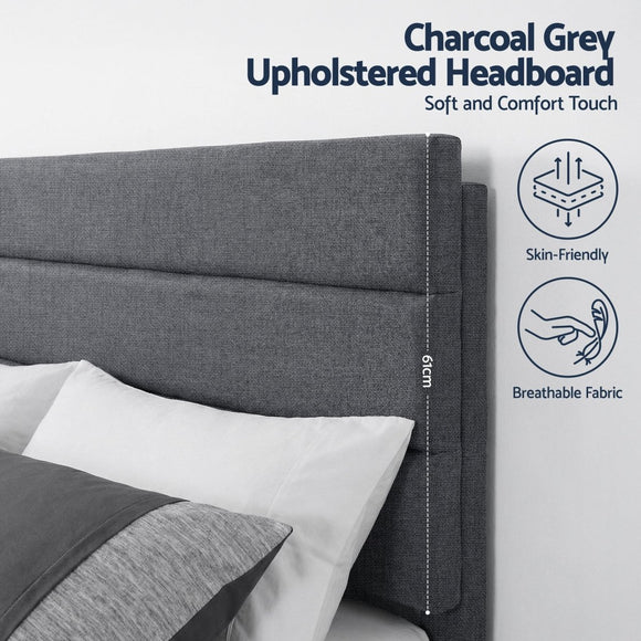 Artiss Double Bed Frame Upholstered Platform Base with Geometric Headboard Charcoal Grey Linen Wood Slats for Modern Bedroom Furniture Home Decor - RnR Galore