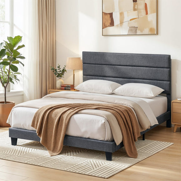 Artiss Double Bed Frame Upholstered Platform Base with Geometric Headboard Charcoal Grey Linen Wood Slats for Modern Bedroom Furniture Home Decor - RnR Galore