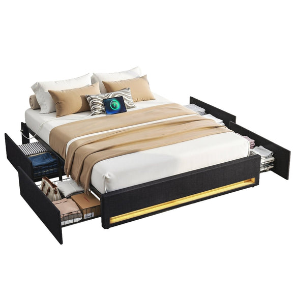 Artiss Double Bed Frame with Storage Drawers RGB Lights Charging Station Upholstered Fabric - RnR Galore