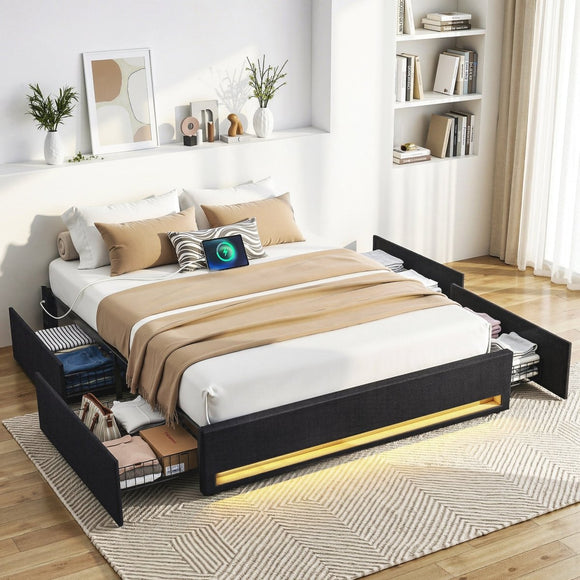 Artiss Double Bed Frame with Storage Drawers RGB Lights Charging Station Upholstered Fabric - RnR Galore