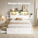 Artiss Double Bed Frame with Storage Drawers White Platform Bedframe with Bookcase Headboard Charging Station Led Light - RnR Galore