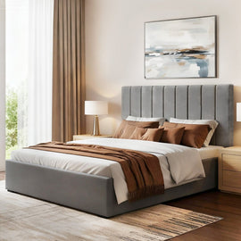Artiss Double Bed Frame with Storage Grey Velvet Headboard Gas Lift Platform Base - RnR Galore