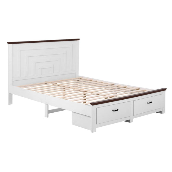 Artiss Double Wooden Bed Frame with 2 Drawer Platform Bed with 108cm Solid High Headboard White Bed Base for Bedroom Easy Assembly - RnR Galore