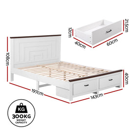 Artiss Double Wooden Bed Frame with 2 Drawer Platform Bed with 108cm Solid High Headboard White Bed Base for Bedroom Easy Assembly - RnR Galore