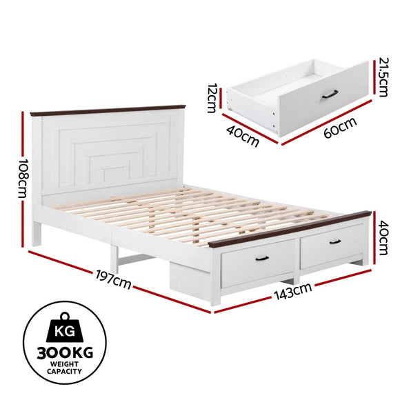 Artiss Double Wooden Bed Frame with 2 Drawer Platform Bed with 108cm Solid High Headboard White Bed Base for Bedroom Easy Assembly - RnR Galore