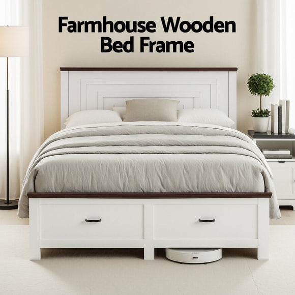 Artiss Double Wooden Bed Frame with 2 Drawer Platform Bed with 108cm Solid High Headboard White Bed Base for Bedroom Easy Assembly - RnR Galore