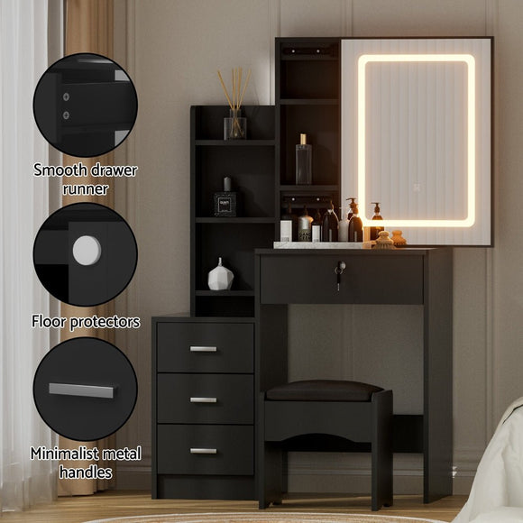 Artiss Dressing Table Vanity Desk Set Stool Led Black - RnR Galore