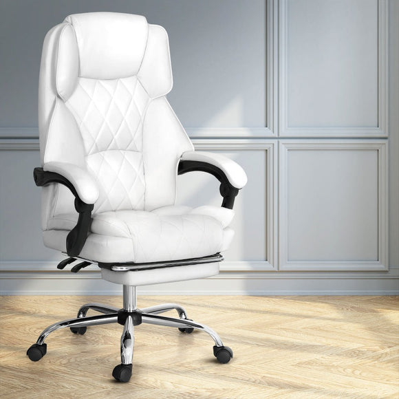 Artiss Executive Office Chair Leather Footrest White - RnR Galore