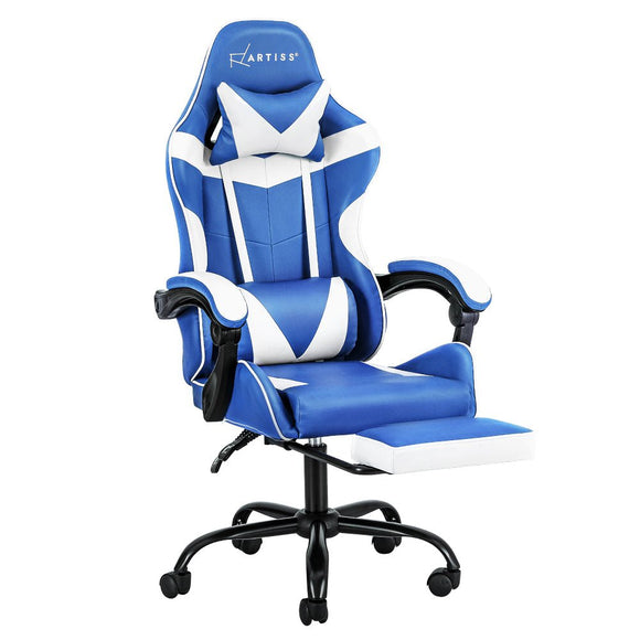 Artiss Gaming Office Chair Executive Computer Leather Chairs Footrest Blue White - RnR Galore